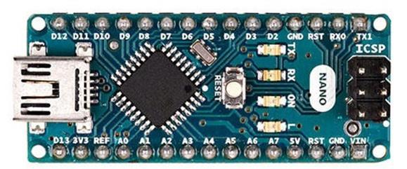 LED_BUILTIN 13 Length Width Weight 101.52 mm 53.3 mm 37 g Πίνακας 3 Βασικά Χαρακτηριστικά Arduino Mega 2560 [36] 5.5. Arduino Nano ATmega328 Εικόνα 25 Κάτοψη πλακέτας Arduino Nano Για τις ανάγκες των υποσυστημάτων της εργασίας χρησιμοποιήθηκαν Arduino Nano.