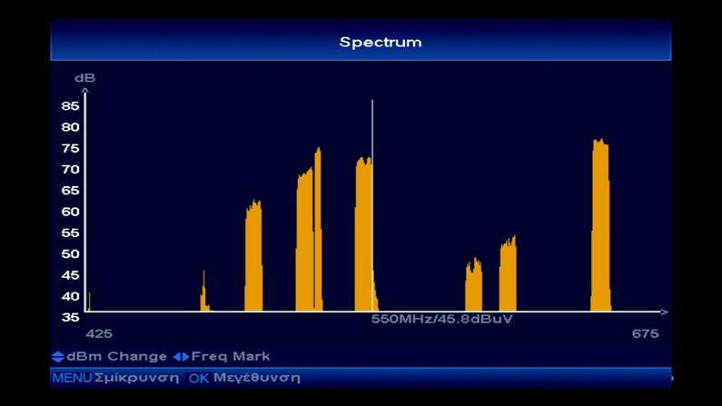 2. Φάσμα 2.1 DVB-S2 - Έναρξη απεικόνισης φάσματος στο δορυφορικό σήμα. 2.2 DVB-T2/C - Έναρξη απεικόνισης φάσματος στο επίγειο σήμα.