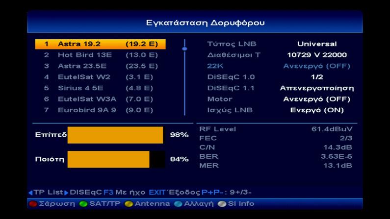 Διαθέσιμοι δορυφόροι/λίστες TP Κυρίως παράμετροι δορυφορικού (αλλαγή από το χρήστη με V- V+) 4Εγκατάσταση Δορυφόρου, εδώ μπορείτε να ρυθμίσετε οτι αφορά τα δορυφορικά