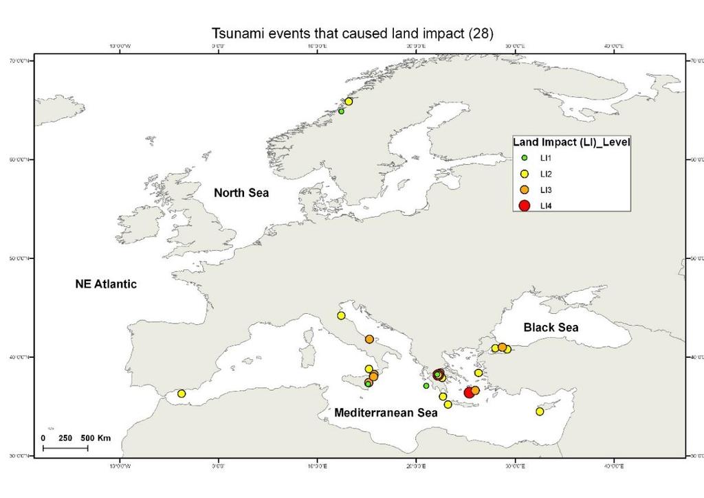 Εικόνα 1.9. Τα τσουνάμι στον Ευρώ Μεσογειακό χώρο που έχουν προκαλέσει επιπτώσεις στη χέρσο, όπου L1= μικρές επιπτώσεις και L4= μεγάλες επιπτώσεις (από Diakogianni et al., 2015).