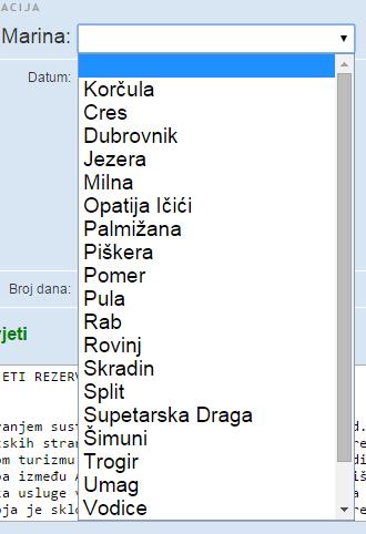 podataka. Nakon odabira jezika nautičaru se daje na odabir uz pomoć opadajućeg izbornika za za koju je marinu zainteresiran.