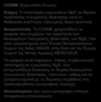 COSME (Ευρωπαϊκή Ένωση) Στόχος: Η υποστήριξη ευρωπαϊκών ΜμΕ για να μπορέσουν να επωφεληθούν από την ενιαία αγορά της ΕΕ και να αξιοποιήσουν στο έπακρο τις ευκαιρίες από αγορές εκτός ΕΕ.