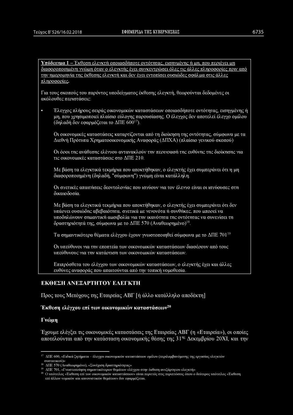 Τεύχος Β' 526/16.02.2018 ΕΦΗΜΕΡΙΔΑ ΤΗΣ ΚΥΒΕΡΝΗΣΕΩΣ 6735 Υπόδειγμα 1 - Έκθεση ελεγκτή οποιασδήποτε οντότητας, εισηγμένης ή μη.