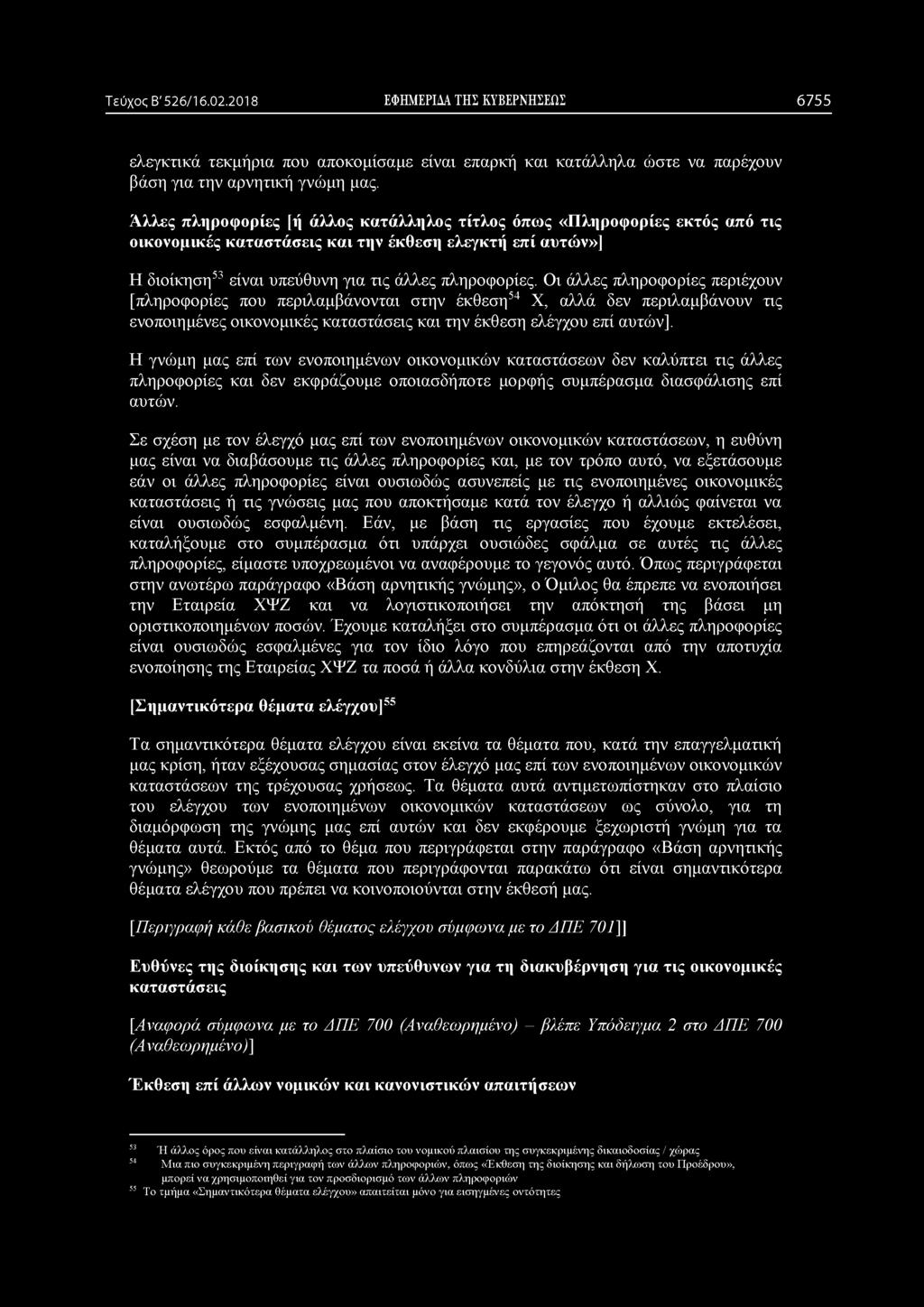 Τεύχος Β' 526/16.02.2018 ΕΦΗΜΕΡΙΔΑ ΤΗΣ ΚΥΒΕΡΝΗΣΕΩΣ 6755 ελεγκτικά τεκμήρια που αποκομίσαμε είναι επαρκή και κατάλληλα ώστε να παρέχουν βάση για την αρνητική γνώμη μας.