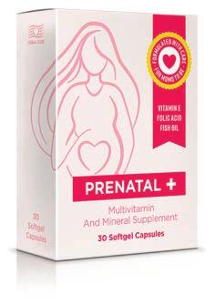 Prenatal+ cod 2140 prezentare 30 capsule gela noase Acid docosahexaenoic (DHA) 200 mg (din ulei de pește), biotină 60 μg, vitamina B5 (calciu-d-pantotenat) 6 mg, vitamina D3 (colecalciferol) 5 μg,