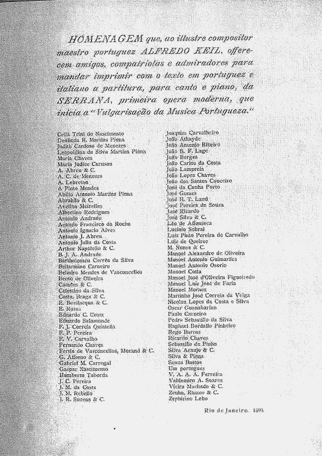 Example 3: Keil, Serrana. List of subscribers published in the vocal score.