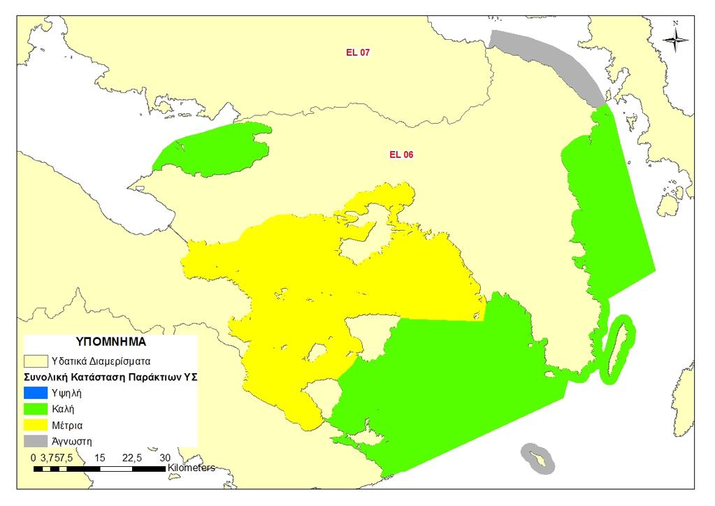 Χάρτης 4.6-9: Ταξινόμηση συνολικής κατάστασης παράκτιων Υδατικών Συστημάτων ΥΔ Αττικής (EL06) 4.6.2 Αξιολόγηση υπόγειων υδάτων Ο τελικός χαρακτηρισμός της κατάστασης ενός ΥΥΣ εξαρτάται τόσο από την αξιολόγηση της χημικής όσο και της ποσοτικής του κατάστασης.