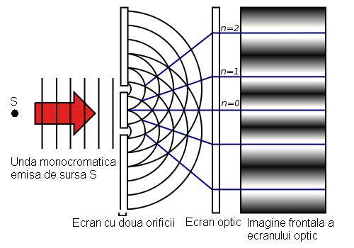 In cazul experimentului lui Young figura de difractie consta dintr-o insiruire de franje luminoase (maximele de interferenta) si intunecate (minimele de interferenta), asa cum se poate vedea din Fig.