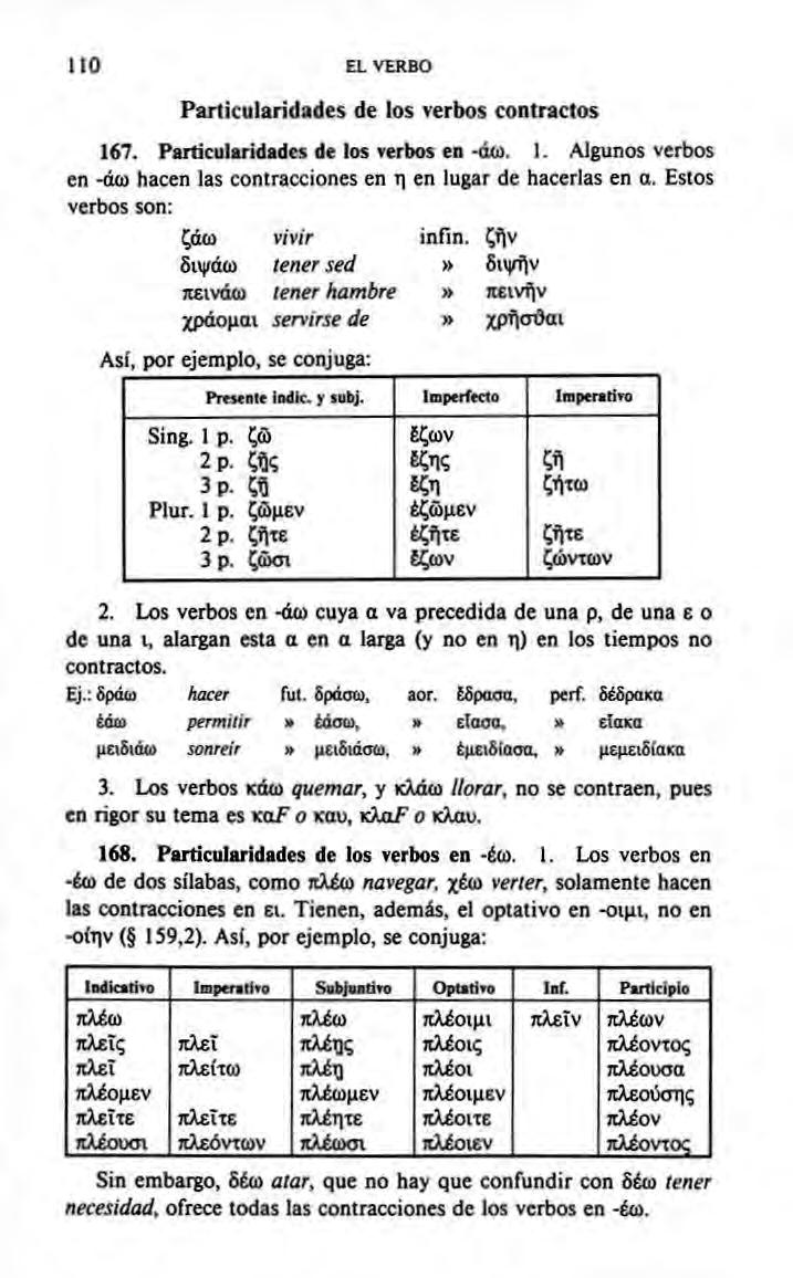 110 EL VERBO Particularidades de los vertws contractos 167. Particularidades de los verbos en άω. 1. Algunos verbos en 'άω hacen las contracciones en η en lugar de hacerlas en a.