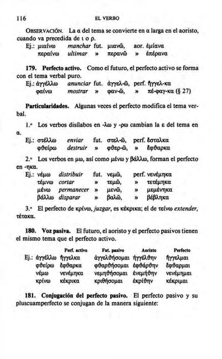 116 EL VERBO OBSERVACIÓN. La α del tema se convierte en α larga en el aoristo, cuando va precedida de i o p. Ej.: μιαίνω manchar fut. μιανώ, aor. έμΐανα περαίνω ullimar» περάνω» έπέρανα 179.