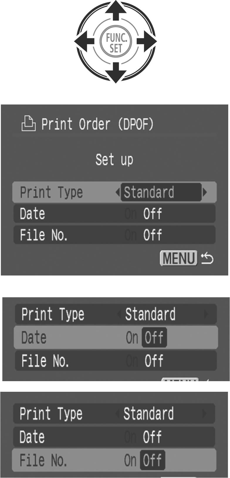 3 Tipkama Y ili X odaberite [Print Type], [Date] ili [File No.] te zatim tipkama W ili V odaberite postavku. Print Type (način tiskanja) Odaberite [Standard], [Index] ili [Both] (oboje).