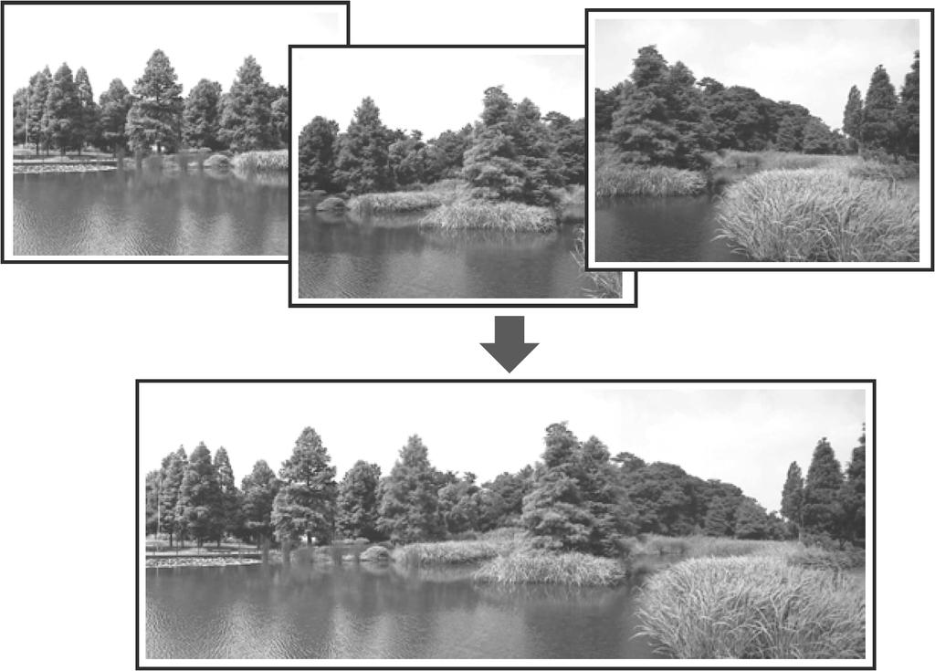 Spajanje fotografija (Stitch Assist) Način snimanja Ova funkcija omogućuje spajanje međusobno preklapajućih fotografija na računalu kako bi se dobila panoramska slika.