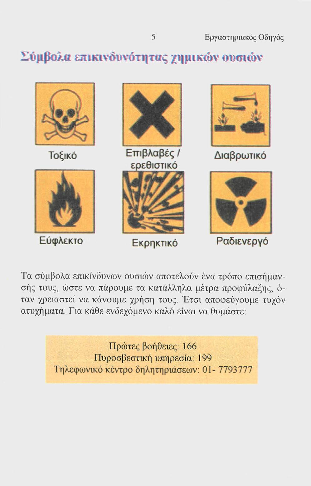 5 Εργαστηριακός Οδηγός Σύμβολα επικινδυνότητας χημικών ουσιών Τοξικό Επιβλαβές / ερεθιστικό Διαβρωτικό Εύφλεκτο Εκρηκτικό Ραδιενεργό Τα σύμβολα επικίνδυνων ουσιών αποτελούν ένα τρόπο επισήμανσης