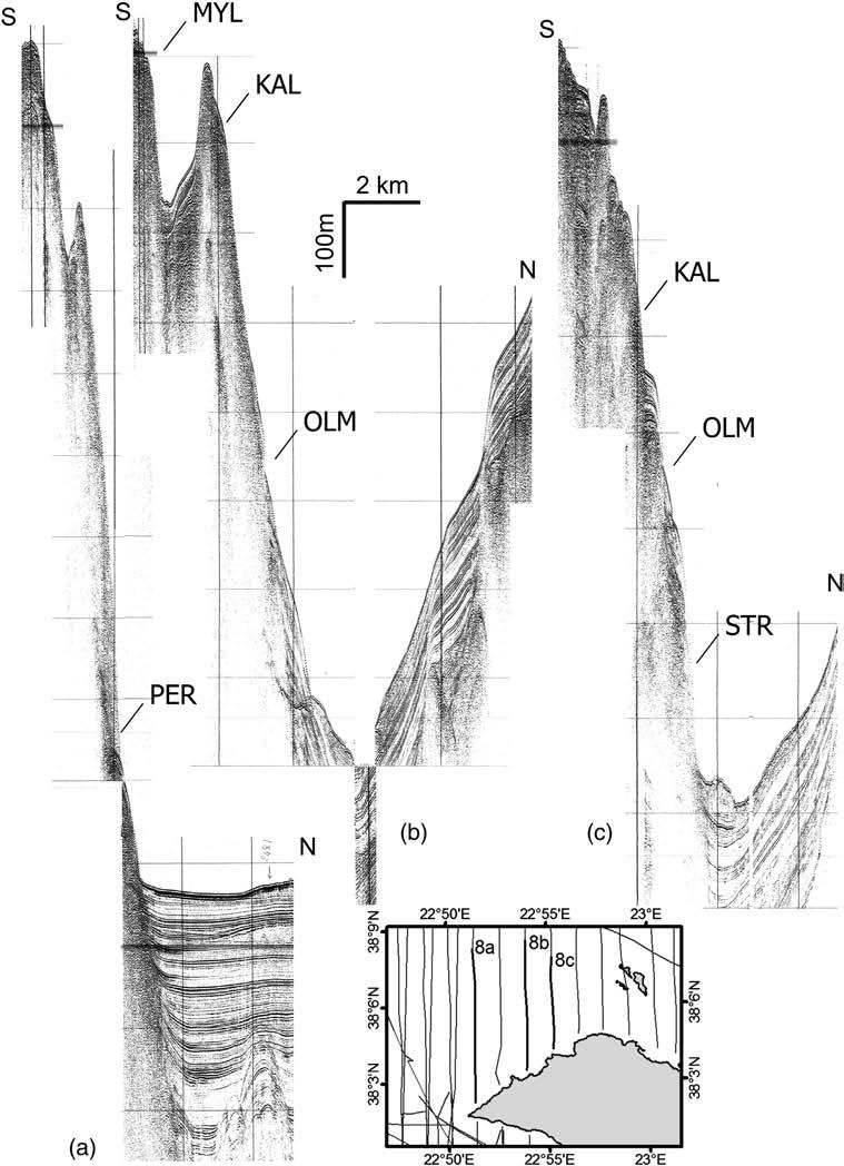 68 M. Charalampakis et al. / Marine Geology 351 (2014) 58 75 Fig. 8. Single channel 10 in 3 air-gun seismic profiles across the Perachora Peninsula (see inset map for location of survey lines).