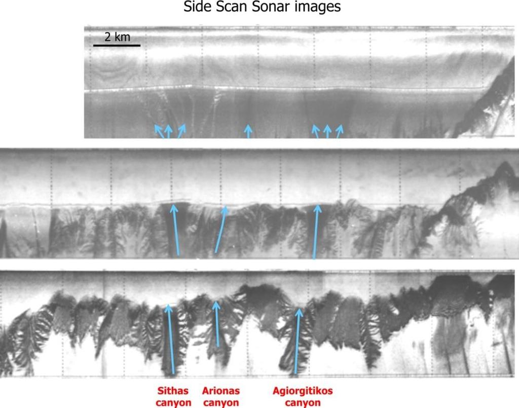 Διδακτορική διατριβή Εικόνα 4.10: Μωσαϊκό καταγραφών ηχοβολιστή πλευρικής σάρωσης τύπου ASDIC κατά μήκος της πλαγιάς του νοτιοανατολικού περιθωρίου του Κορινθιακού κόλπου.