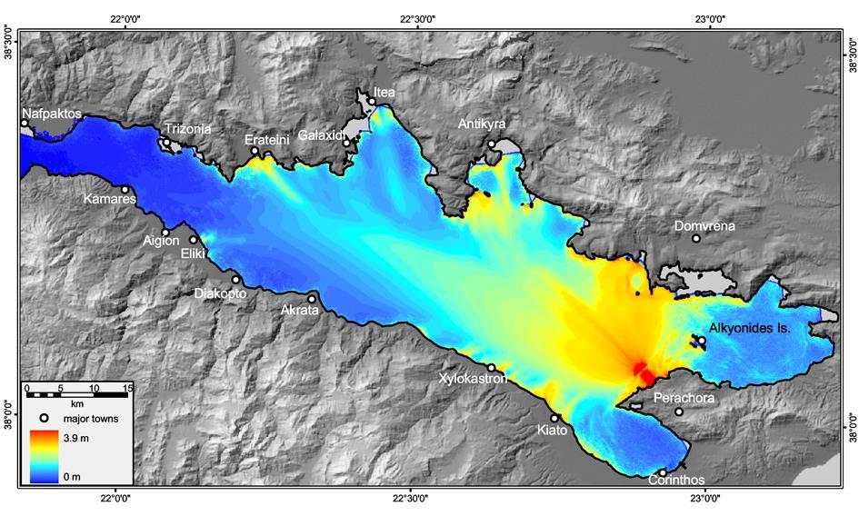 Διδακτορική διατριβή Για την προσομοίωση της διάδοσης τσουνάμι στον Κορινθιακό κόλπο, χρησιμοποιήθηκε η κατολίσθηση που βρίσκεται ανοικτά της χερσονήσου της Περαχώρας (θέση 3 εικ. 6.3).