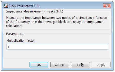 بوسیله این بلوک امپدانس از دید دو نقطهای که به آنها وصل شده اندازهگیری میشود و در مسیر Simscape> SimPowerSystems> Measurement قرار دارد. پنجره تنظیمات این بلوک در زیر قابل مشاهده است.