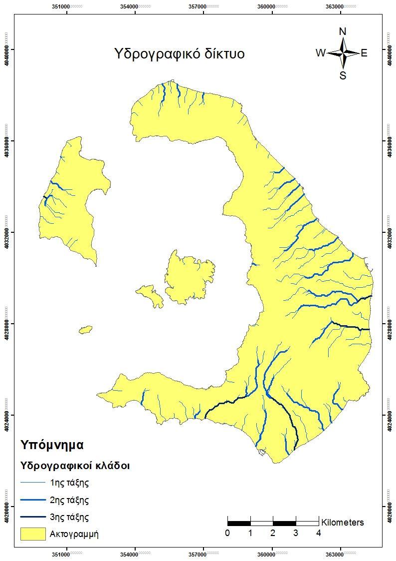 Εικόνα 20: Υδρογραφικό δίκτυο του νησιωτικού συμπλέγματος της Σαντορίνης.