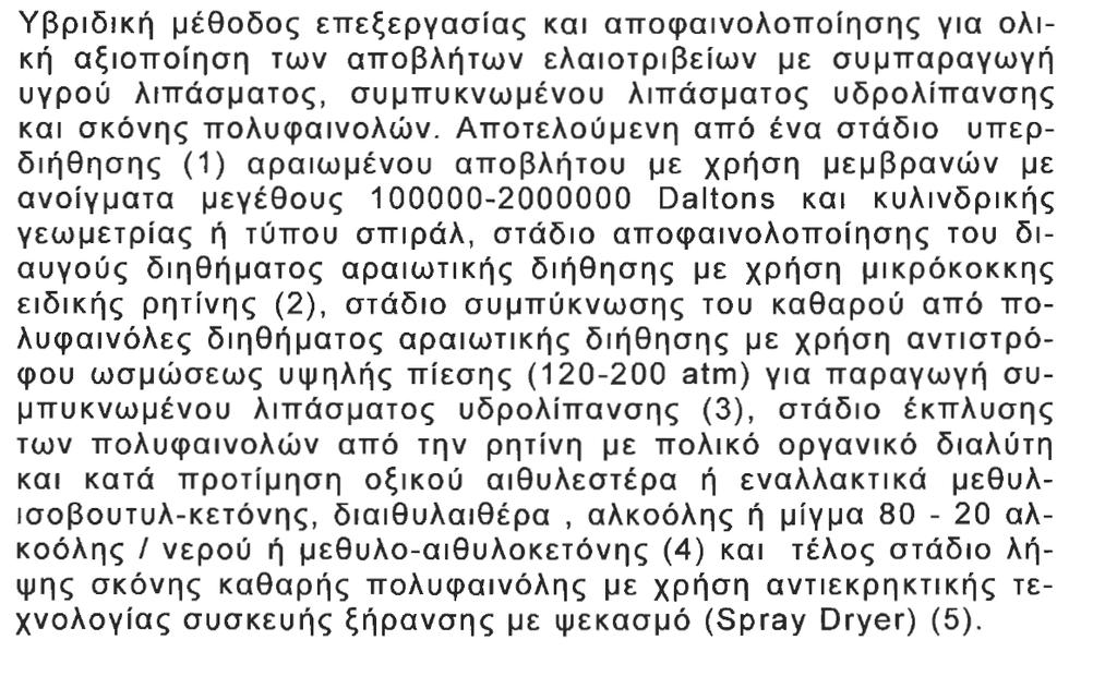 ΣΤ1.«ΜΕΘΟΔΟΣ ΟΛΙΚΗΣ ΑΞΙΟΠΟΙΗΣΗΣ ΑΠΟΒΛΗΤΩΝ ΕΛΑΙΟΤΡΙΒΕΙΩΝ ΜΕ ΣΥΜΠΑΡΑΓΩΓΗ ΣΚΟΝΗΣ ΠΟΛΥΦΑΙΝΟΛΗΣ ΚΑΙ ΛΙΠΑΣΜΑΤΟΣ» Αριθμός Διπλώματος Ευρεσιτεχνίας 1006660, ΟΒΙ-ΔΙΕΘΝΗΣ ΤΑΞΙΝΟΜΗΣΗ : C02F 1/44.