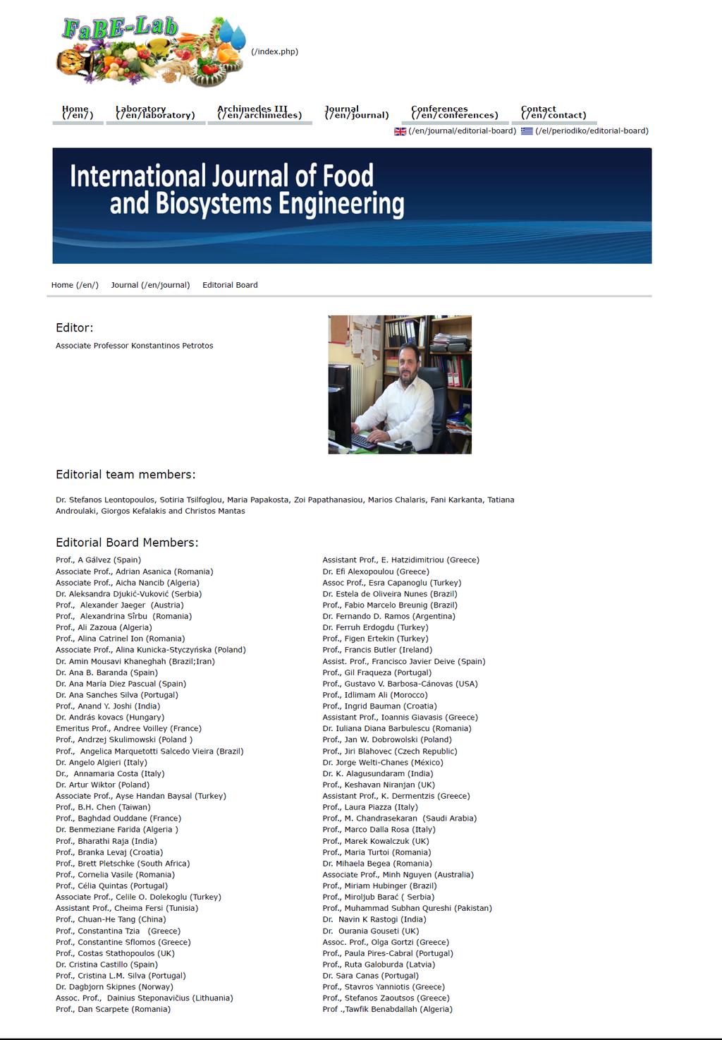 Εκδότης του Διεθνούς Περιοδικού INTERNATIONAL JOURNAL OF FOOD AND