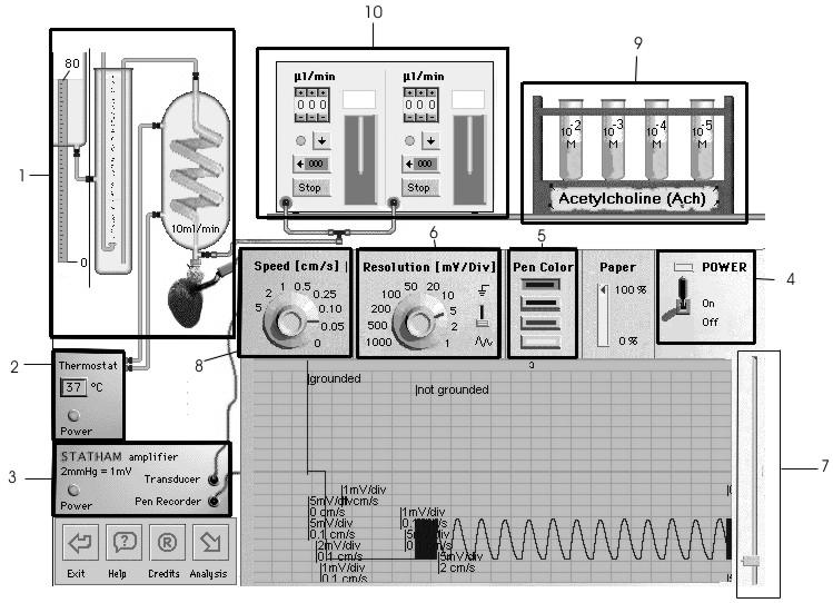 Slika XII 5. Prikaz laboratorijske opreme u virtuelnoj laboratoriji: 1. perfuzor, 2. termostat, 3. pojačivač signala, 4. prekidač za uključivanje, 5. promena boje pera, 6.