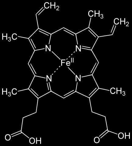 5. Proteini II. 5.A. Hemoproteini Hemoproteini: složeni (konjugirani) proteini, čija je prostetska skupina hem = željezo + porfirin (porfirinski prsten s pobočnim skupinama).