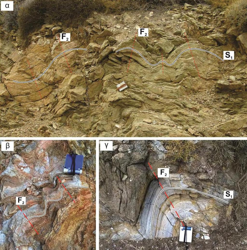 3.2.2. D2 φάση παραμόρφωσης Η D2 φάση παραμόρφωσης χαρακτηρίζεται από μεσοσκοπικές και μεγασκοπικές, όρθιες έως έντονα κεκλιμένες, ανοιχτές πτυχές, που επηρέασαν την S1 φολίωση (Εικόνα 3.11).