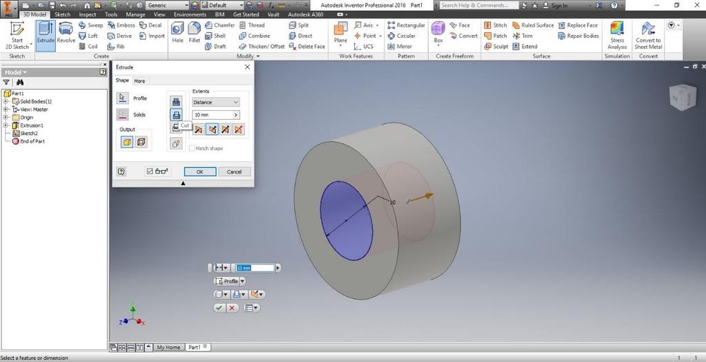 4.1) Εντολή Extrude Η εντολή Extrude είναι από τις βασικότερες και πιο συχνά χρησιμοποιούμενες. Λειτουργεί τόσο σαν εντολή δημιουργίας της 3 ης διάστασης όσο και σαν κόψιμο (Cut).