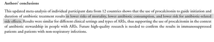 CAP: ο ρόλος της προκαλσιτονίνης Procalcitonin to initiate or discontinue antibiotics in acute respiratory tract infections Schuetz P et al. Cochrane Database of Systematic Reviews 2017, Issue 10.