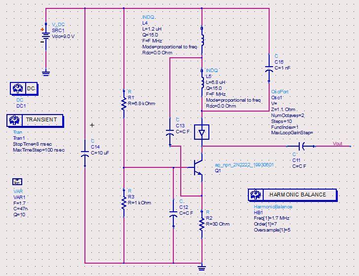 Υλοποίηση Hartley Ταλαντωτή στο Λογισμικό ADS Στη συνέχεια προχωρήσαμε στην υλοποίηση του κυκλώματος στο λογισμικό ADS.