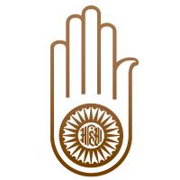 Η θρησκευτική Ahisma σύμβολο χέρι με ένα τροχό στην παλάμη συμβολίζει την Jain Όρκος του Ahimsa, σημαίνει μη-βίας.