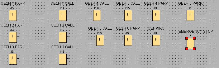 Εικόνα 47: Όλες οι είσοδοι της ακολουθίας μας Όπου αναγράφεται ΘΕΣΗ 1 PARK σε είσοδο είναι o αισθητήρας της θέσης 1 και όπου αναγράφεται ΘΕΣΗ 1 CALL είναι το μπουτον της θέσης 1.