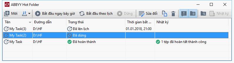 Khi bạn khởi chạy ABBYY Hot Folder, cửa sổ chính của chương trình sẽ mở ra. Sử dụng các nút trên thanh công cụ ở đầu cửa sổ để thiết lập, sao chép và xóa tác vụ, để bắt đầu xử lý và để xem báo cáo.