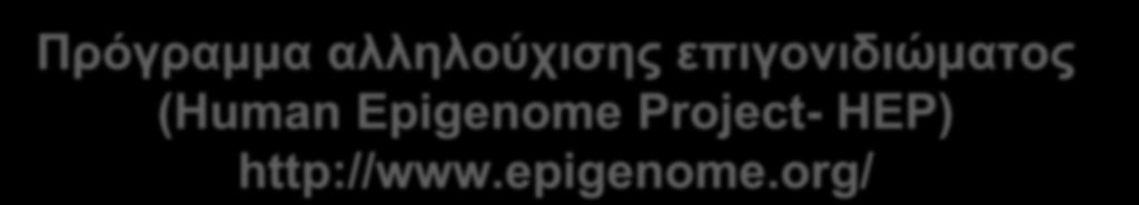 Πρόγραμμα αλληλούχισης επιγονιδιώματος (Human Epigenome Project- HEP) http://www.epigenome.org/ Ξεκίνησε το 1999, με σκοπό την αποκρυπτογράφηση όλων των μεθυλιωμένων προφίλ στο ανθρώπινο γονιδίωμα.