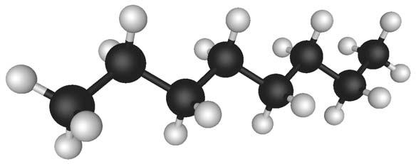 Αλκάνια στο πετρελαίου Οκτάνιο, ένας υδρογονάνθρακας που βρίσκεται στο πετρέλαιο. Οι γραμμές αντιπροσωπεύουν απλούς δεσμούς. Οι μαύρες σφαίρες αντιπροσωπεύουν άνθρακα.
