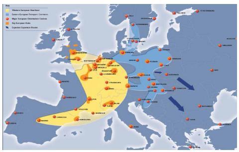 Χάρτης 2-1 «Μπλέ μπανάνα» και οι επεκτάσεις της Πηγή: (Noteboom, 2008) Η μεγέθυνση της ευρωπαϊκής περιφέρειας και οι δυναμικές ανάπτυξής της έχουν προκαλέσει την ανάγκη για μεταβολή στον σχεδιασμό
