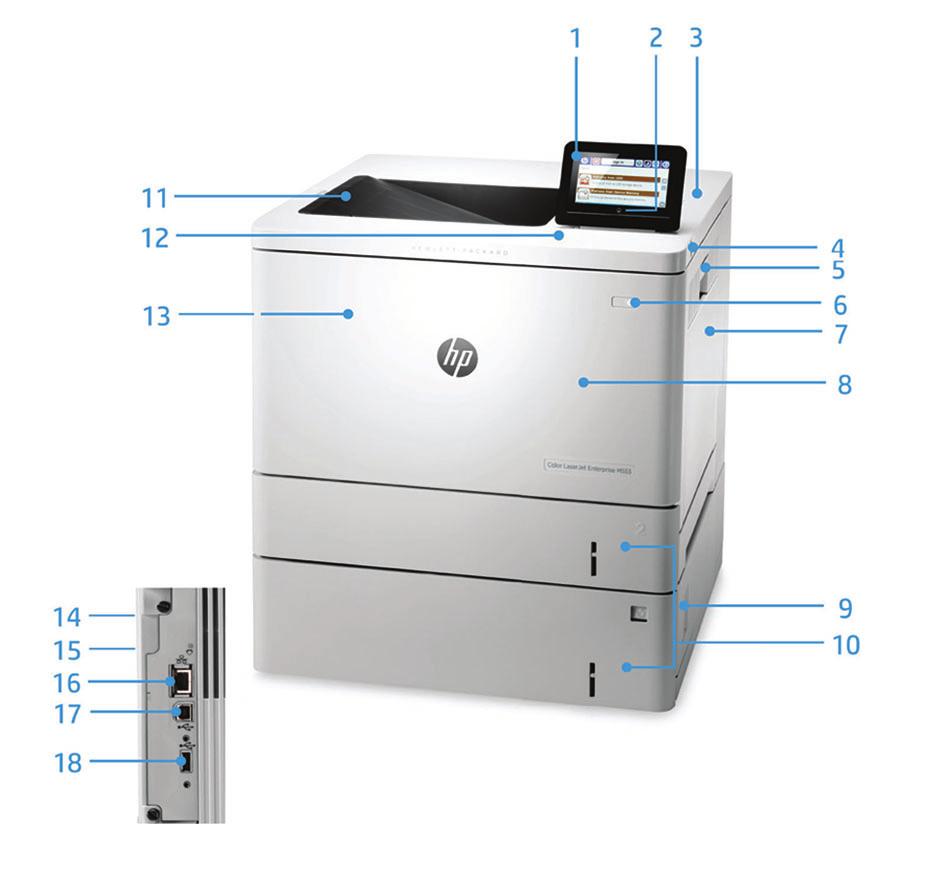 Περιήγηση στο προϊόν Απεικονίζεται ο HP Color LaserJet Enterprise M553x: 1. Έξυπνος πίνακας ελέγχου με έγχρωμη οθόνη VGA 10,9 cm (4,3 ιντσών) με δυνατότητα κλίσης για ευκολότερη θέαση 2.