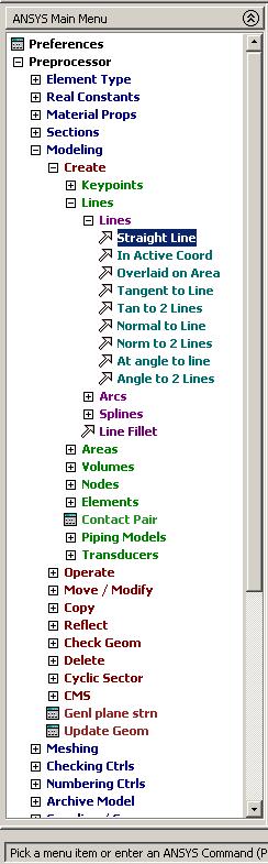 Līniju definēšana (1) Preprocessor/ Modeling/ Create/ Lines/