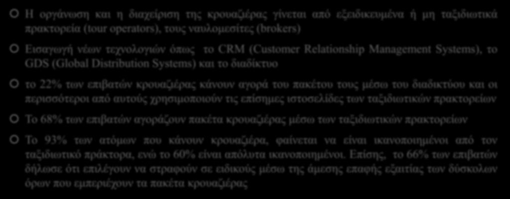 Κανάλια Διανομής Η οργάνωση και η διαχείριση της κρουαζιέρας γίνεται από εξειδικευμένα ή μη ταξιδιωτικά πρακτορεία (tour operators), τους ναυλομεσίτες (brokers) Εισαγωγή νέων τεχνολογιών όπως το CRM