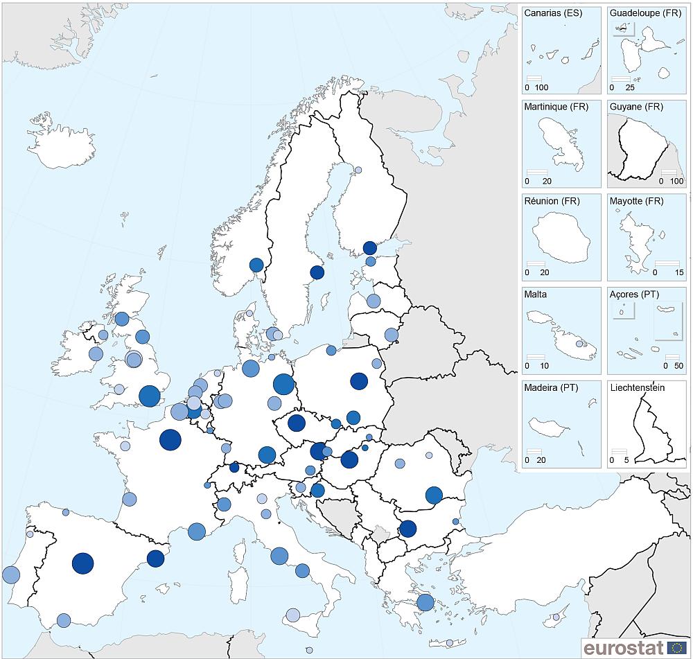 Δημόσιες συγκοινωνίες στην Ευρώπη (1/3) Ποσοστό ατόμων που χρησιμοποιούν δημόσιες συγκοινωνίες ως κύριο μέσο μετάβασης στην εργασία τους, 2015 (%) 1 Το 49% των κατοίκων των μεγαλύτερων ευρωπαϊκών