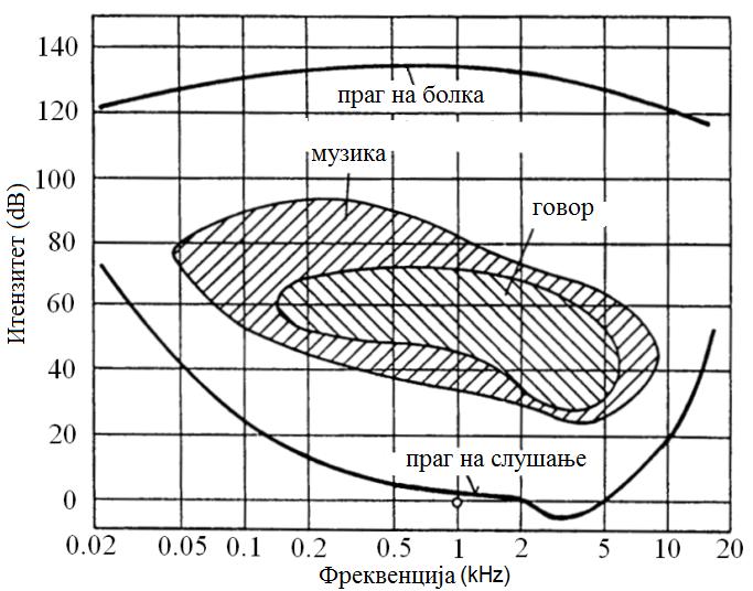 1. Биоакустика 11 Сл. 1.6: Звучните криви во зависност од чуjноста (интензитетот) и фреквенциjата на звучните бранови. манифестира со различна боjа на тонот.