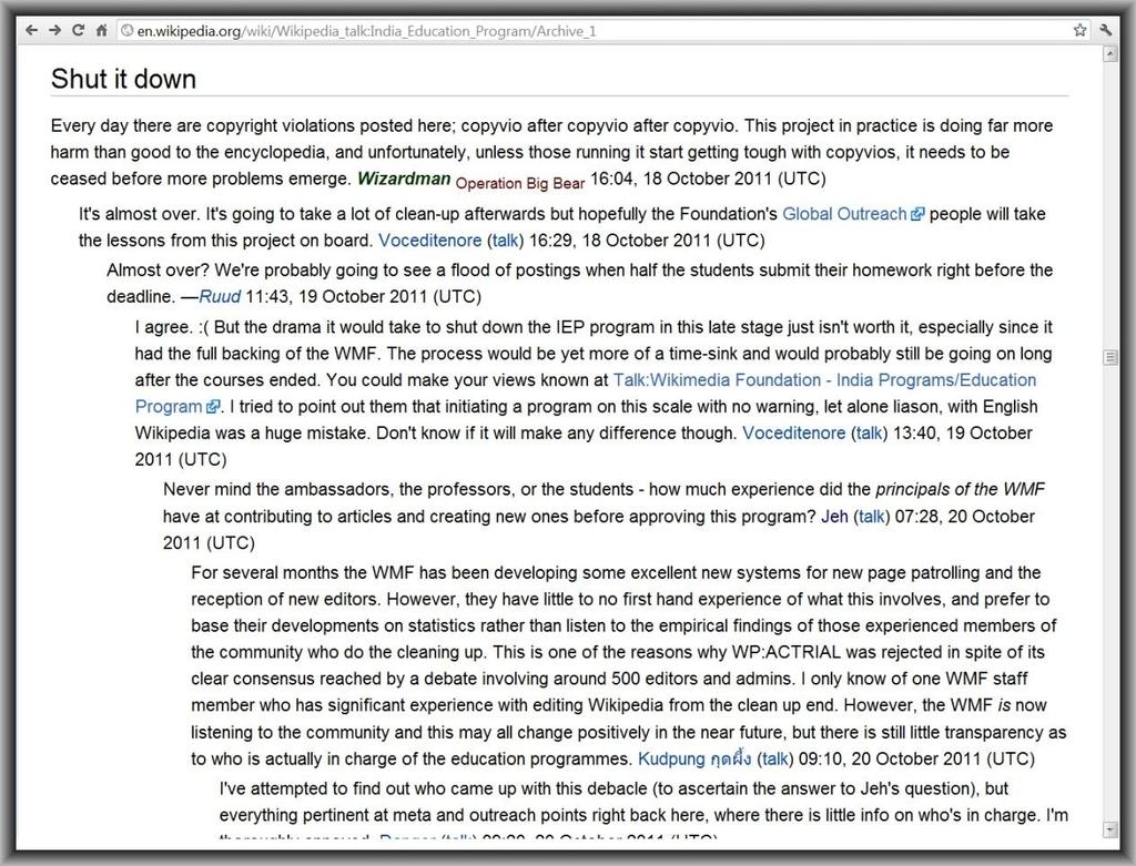 Εικόνα 3.7. Παράδειγμα ενδοκοινοτικής συζήτησης στην Αγγλική κοινότητα αναφορικά με τις δυσκολίες που προκαλεί στην κοινότητα το επίσημο εκπαιδευτικό πρόγραμμα του ιδρύματος Wikimedia.