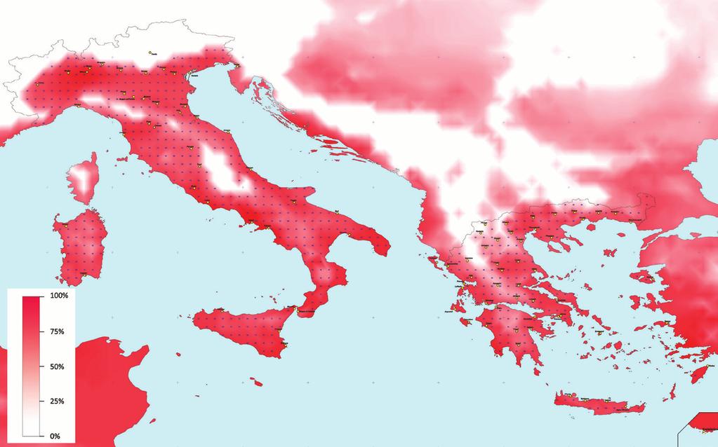 Σχήμα 1: Χάρτης υφιστάμενης καταλληλότητας (2010) σε Ελλάδα και Ιταλία για το Ασιατικό κουνούπι τίγρης (Aedes albopictus) Ο μελλοντικός δείκτης καταλληλότητας, που παρουσιάζεται χωρικά στο