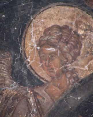 Sl. 6. Исто, детаљ (глава анђела) Fig. 6. The Ascension, detail (an angels head) размотрити, оригинално сликарство подразумева управо те делове, прецизније читаву декорацију бачваствог свода (сл.