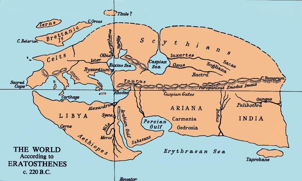 Εικόνα 24 Ο χάρτης του Ερατοσθένη [15] Ο Ίππαρχος ο Ρόδιος έχοντας τεράστιες γνώσεις στην αστρονομία, καθιέρωσε τον αστρονομικό προσδιορισμό θέσεων στη επιφάνεια της γης, συνδέοντας την με τη