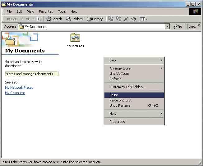 Αντιγραφή εικόνων στον υπολογιστή σας 3 Κάντε διπλό κλικ στο [My Documents]. Στη συνέχεια, κάντε δεξί κλικ στο παράθυρο "My Documents" για να εμφανιστεί το μενού και κλικ στο [Paste].