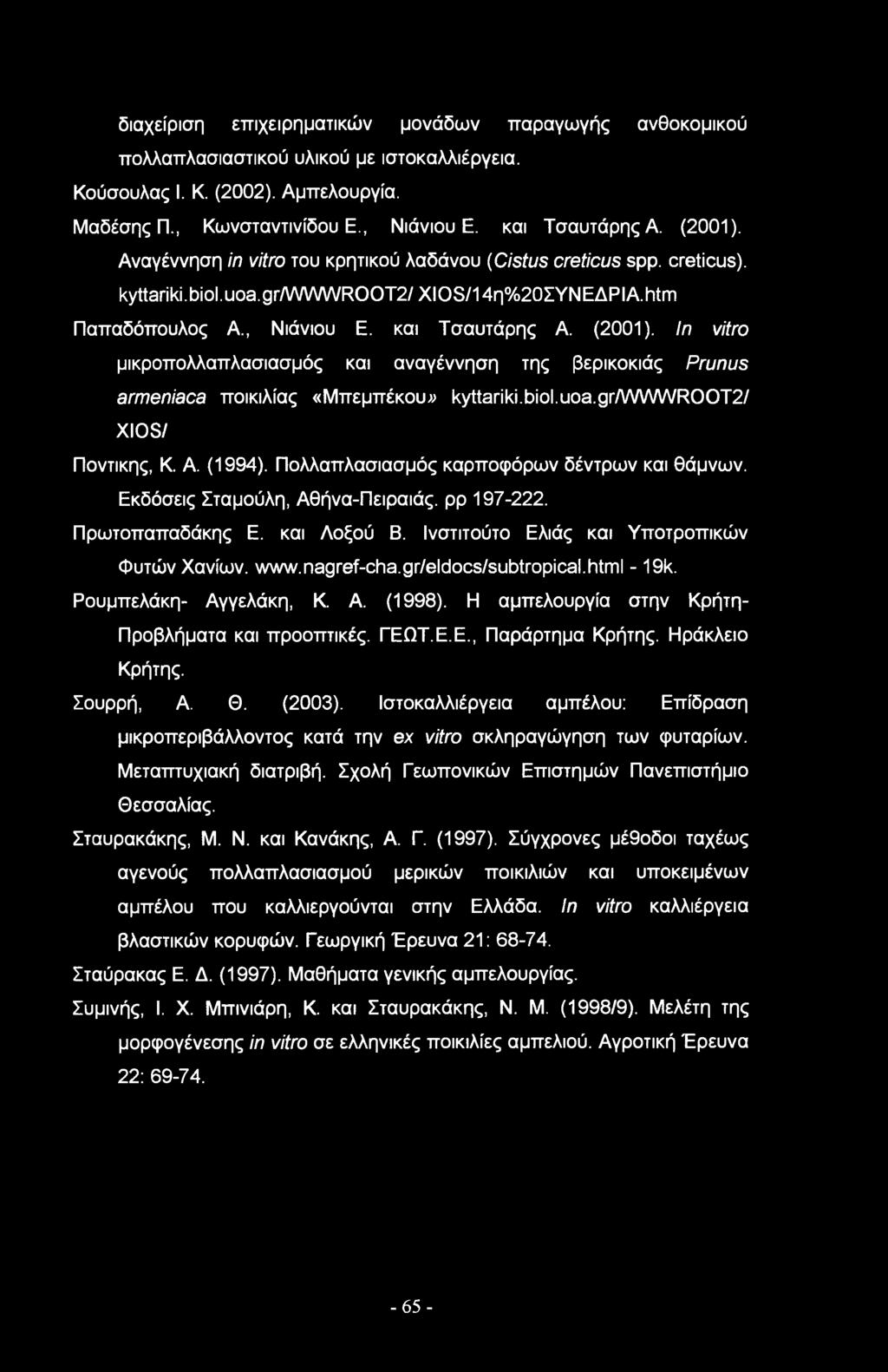 In vitr μικροπολλαπλασιασμός και αναγέννηση της βερικοκιάς Prunus armeniaca ποικιλίας «Μπεμπέκου;; kyttariki.bil.ua.gr/wwwroot2/ XIOS/ Ποντικής, Κ. Α. (994).