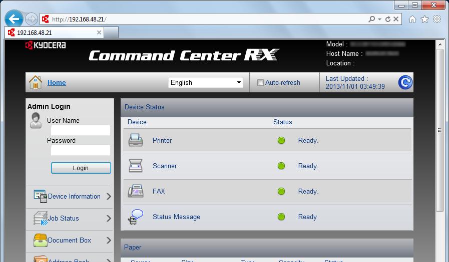 Εγκατάσταση και ρυθμίσεις του μηχανήματος > Command Center RX Πρόσβαση Command Center RX 1 Εμφανίστε την οθόνη. 1 Εκκινήστε το πρόγραμμα περιήγησης ίντερνετ (browser) σας.