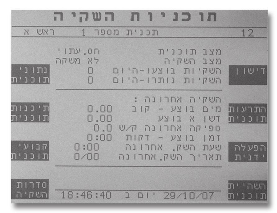 העמודה הימנית היא כותרות ושתי העמודות האחרות מראות שני נתונים לכל כותרת לפי הפירוט הבא: השקיה: מראה כמה מים בקובים נותר להשקיה וכמה מים כבר בוצעו. הכמות היא לפי היחידות שנבחרו בתכנות תכניות.