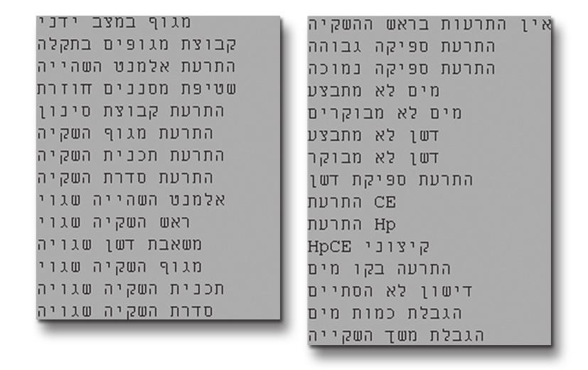 4. הפעלה מתקדמת התרעות בראש: לחץ על התרעות ראש הש. במסך מצב ראש השקיה (1) כדי להיכנס למסך שמראה את רשימת ההתרעות הפעילות. ישנן 24 התרעות שונות שמופיעות רק אם הן פעילות.